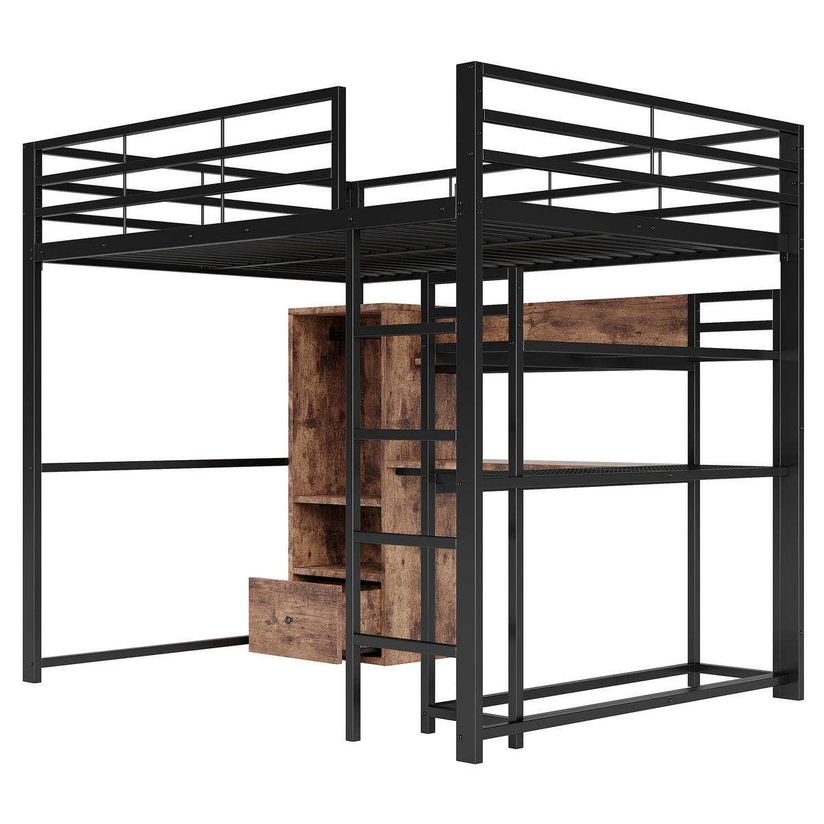 HOCHBETT 140/200 cm Schwarz Metallbett mit LED-Beleuchtung und Schreibtisch - Schwarz, Holzwerkstoff (140/200cm) - OKWISH