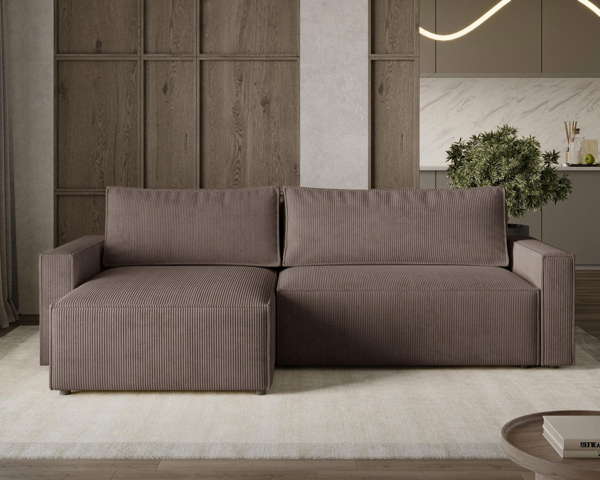 ECKSOFA LIVIO L mit Schlaffunktion und Bettkasten, weicher, dicker Cord pet friendly - POSO 06 - Braun, Holz (230/195cm) - Dekori_Interiors