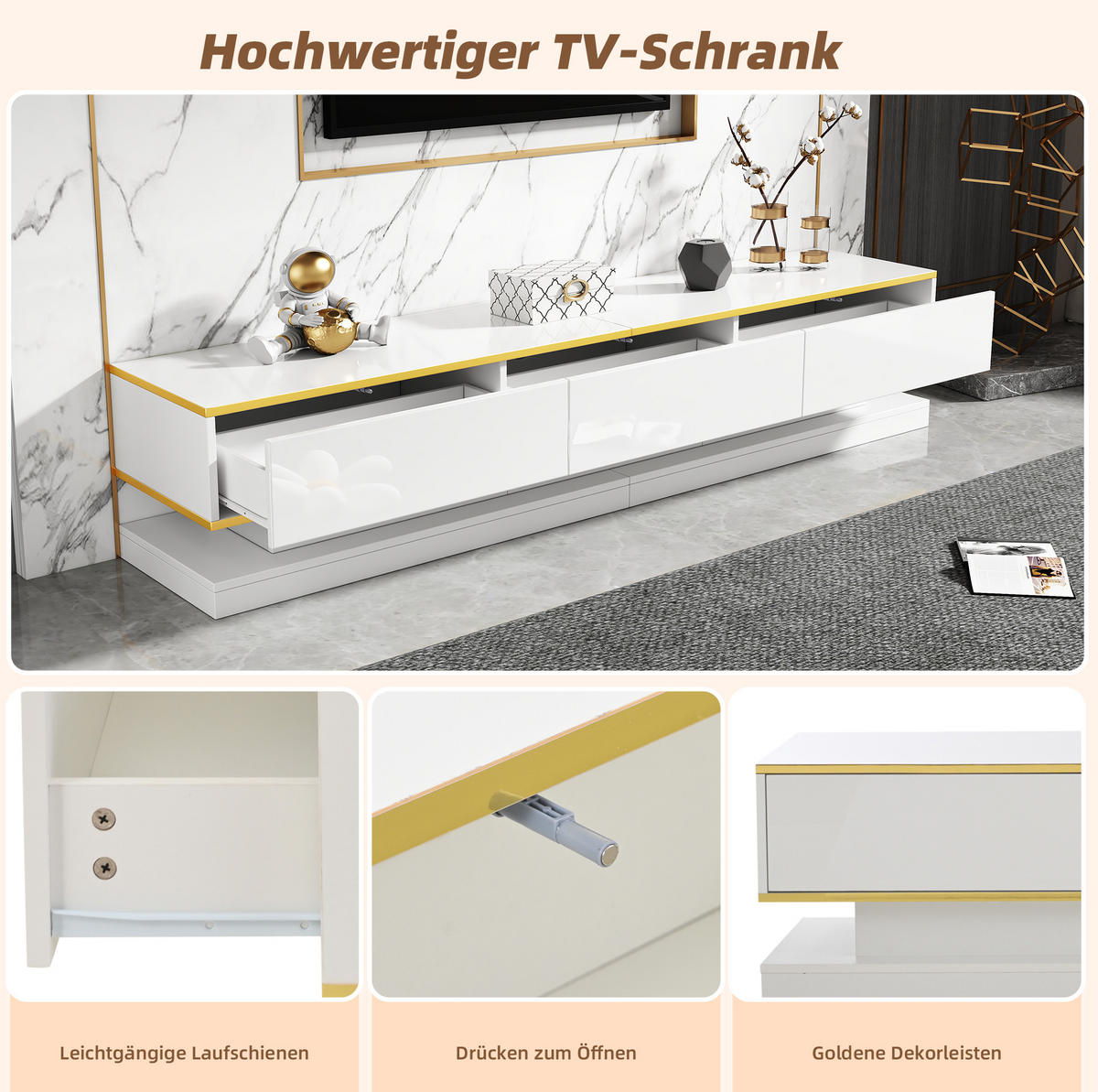 LOWBOARD 200/40/40 cm warmweiß mit Goldrand aus Spanplatte mit 3 Schubladen - Weiß, Holzwerkstoff (40/40/200cm) - OKMYHOME