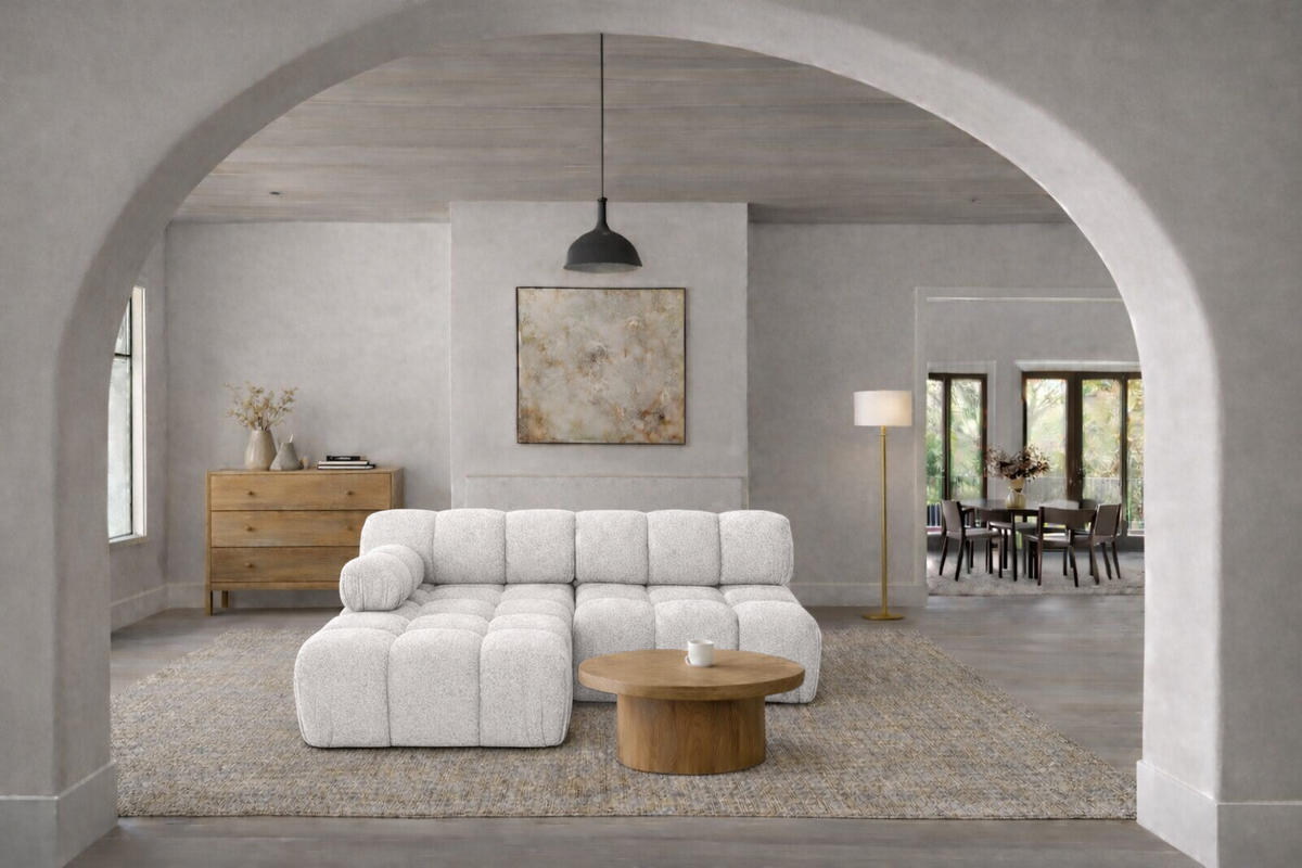 ECKSOFA L-Form Mini II Modular, Bouclé-Stoff Abriamo, Ecru, Links, Selia - Ecru, Holz (190/160cm) - Kaiser Möbel