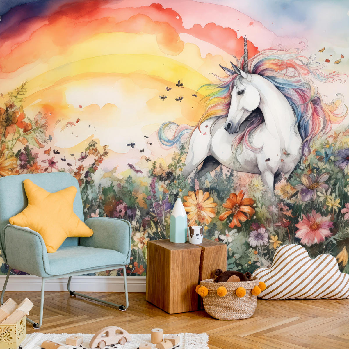 FOTOTAPETE für Kinderzimmer Einhorn Blumen Wiese Regenbogen Magisch Rosa 350x256 - Gelb/Rot, Papier (350/256cm) - Muralo
