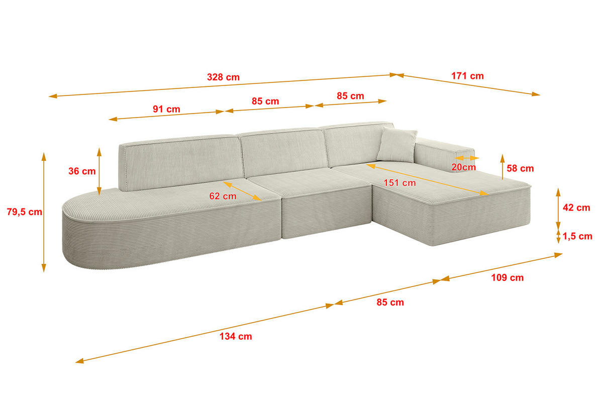 ECKSOFA Ottomane Rechts IREA-L2-v4 - 328x171x79 cm Hellgrau - Ecru, Holzwerkstoff/Textil (171/328cm) - ALTDECOR