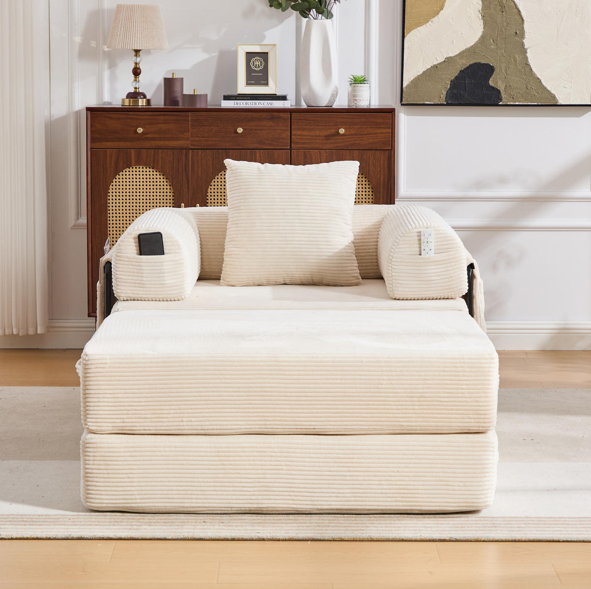 SCHLAFSOFA aus Cord 112x190x67 cm Beige mit Hocker, Seitentasche und Kissen, montagefrei - Beige, Textil (112/67/190cm) - Modfu