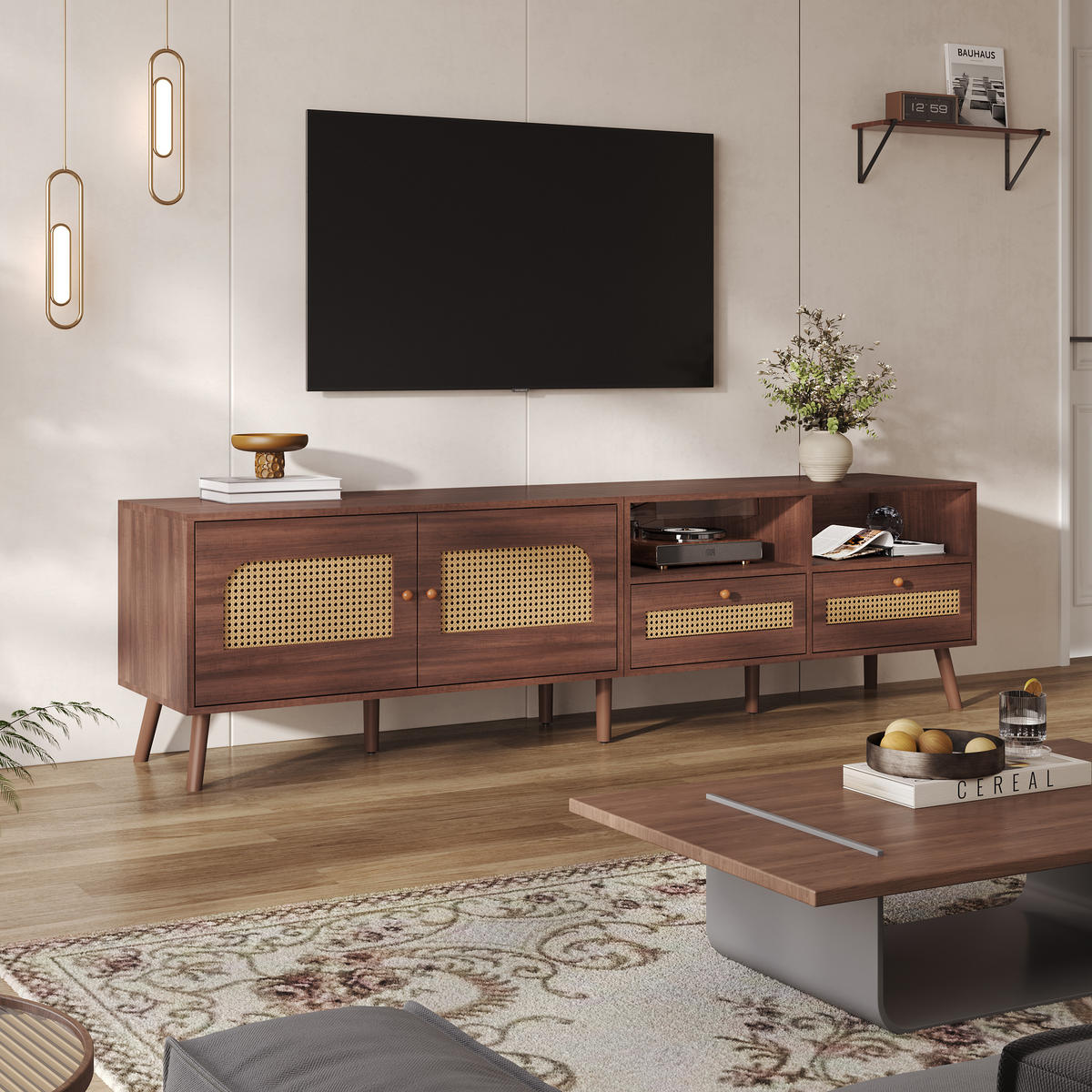 LOWBOARD Retro Rattan-Design, 200/37/49.5cm - Walnussfarben, Holzwerkstoff (200/49.5/37cm) - Urban Meuble