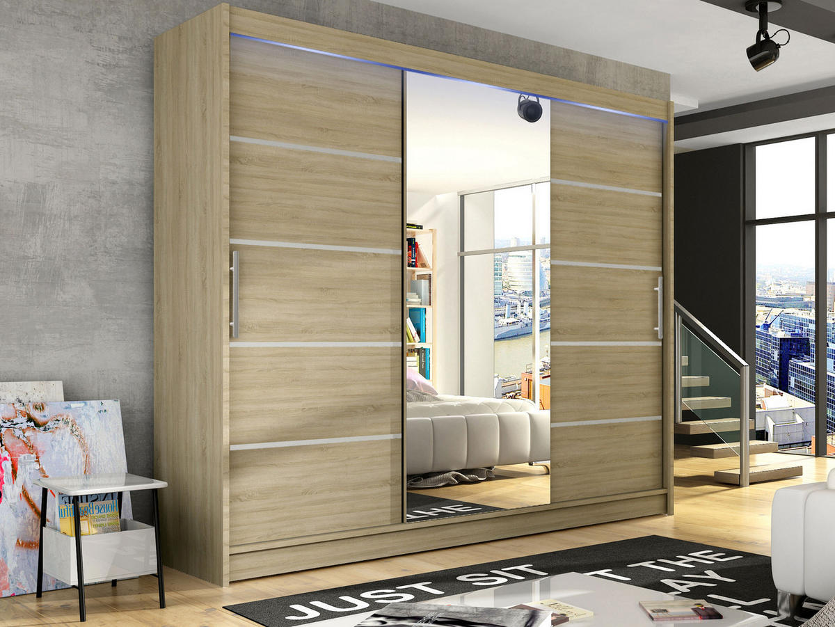 KLEIDERSCHRANK Aston VI, mit RGB LED Beleuchtung - Silberfarben/Sonoma Eiche, Holzwerkstoff/Kunststoff (250/215/58cm) - MIRJAN24