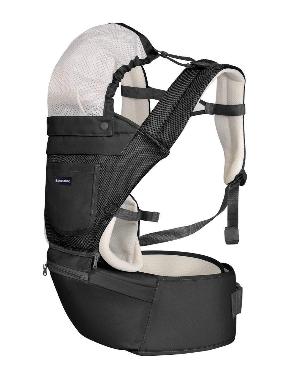 BABYTRAGE Chloe 3 in 1 schwarz weiß Hüftsitz, 8 Tragepositionen, Bauch- und Rückentrage, ab 5 Monate - Schwarz, Textil (25/15/39cm) - Kikka boo