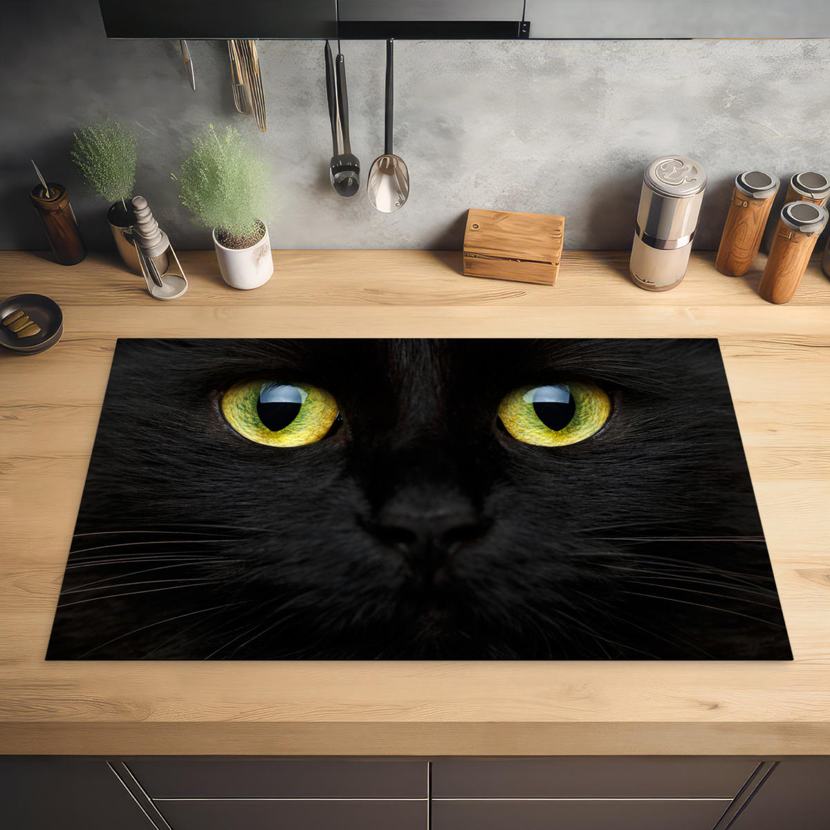 HERDABDECKPLATTE Katze - Augen - Gelb - Schwarz Ceranfeldabdeckung 85x52 cm - Schwarz, Kunststoff (85/52/0.2cm) - MuchoWow