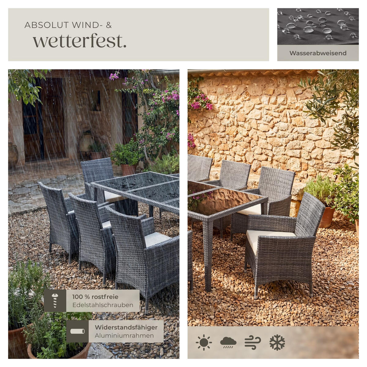 RATTAN-SITZGRUPPE aus Aluminium Menorca, inklusive Schutzhülle, grau - Grau, Kunststoff - tectake