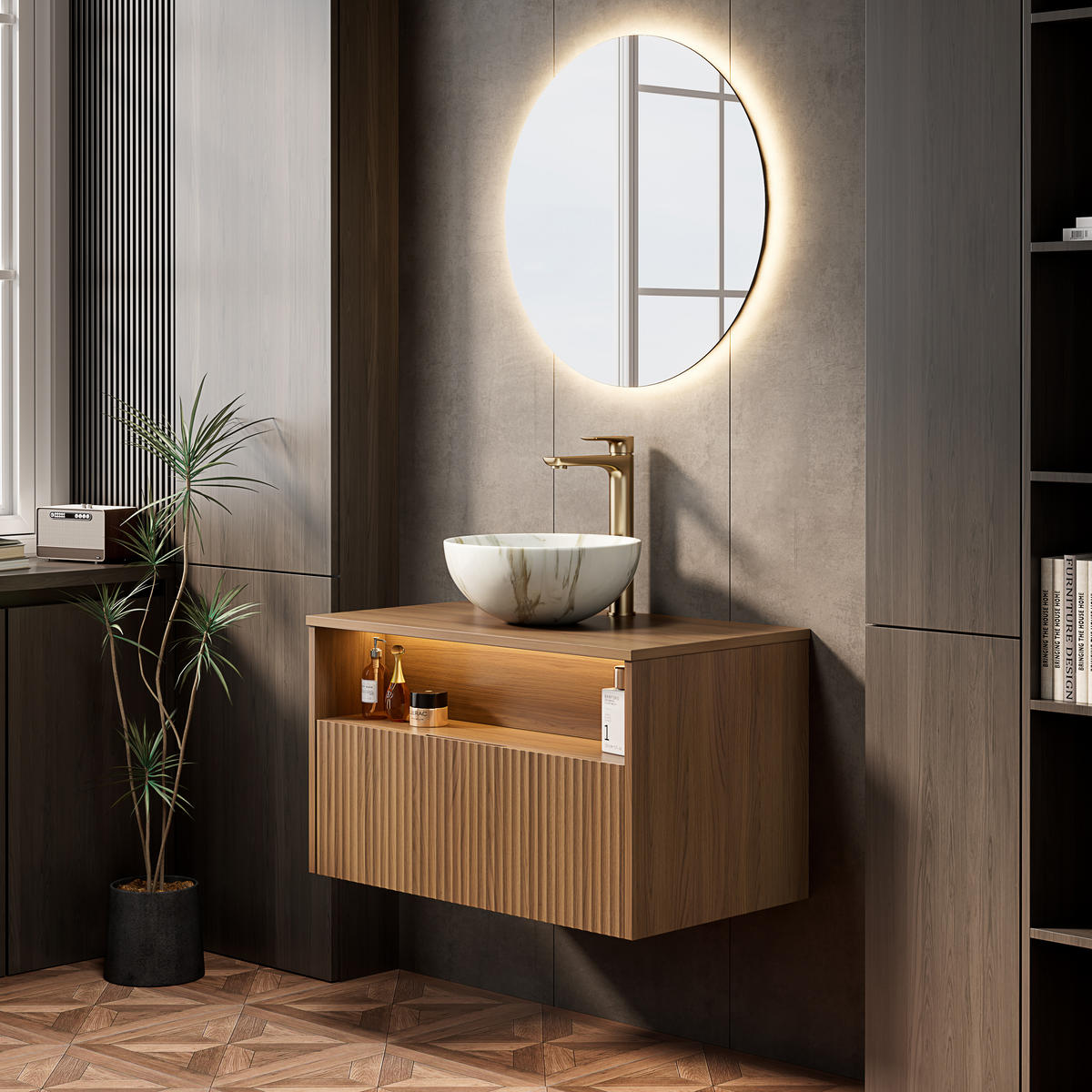 WASCHTISCHKOMBI 80x46x60.8cm in Braun mit Massivholzfront, Waschbecken & Sensor-LED - Braun, Keramik (80/60.8/46cm) - Modfu