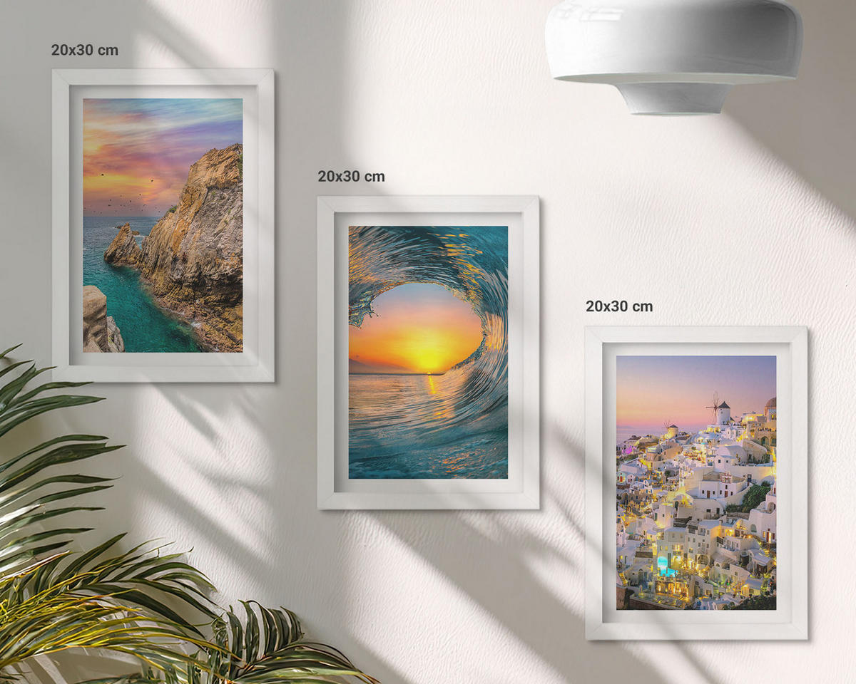 WANDBILDER 3er-Set - 20x30 cm Weißer Rahmen - Meereswellen, weiße Häuser, Santorini - Weiß, Kunststoff (20/30cm) - ArtPrintCave