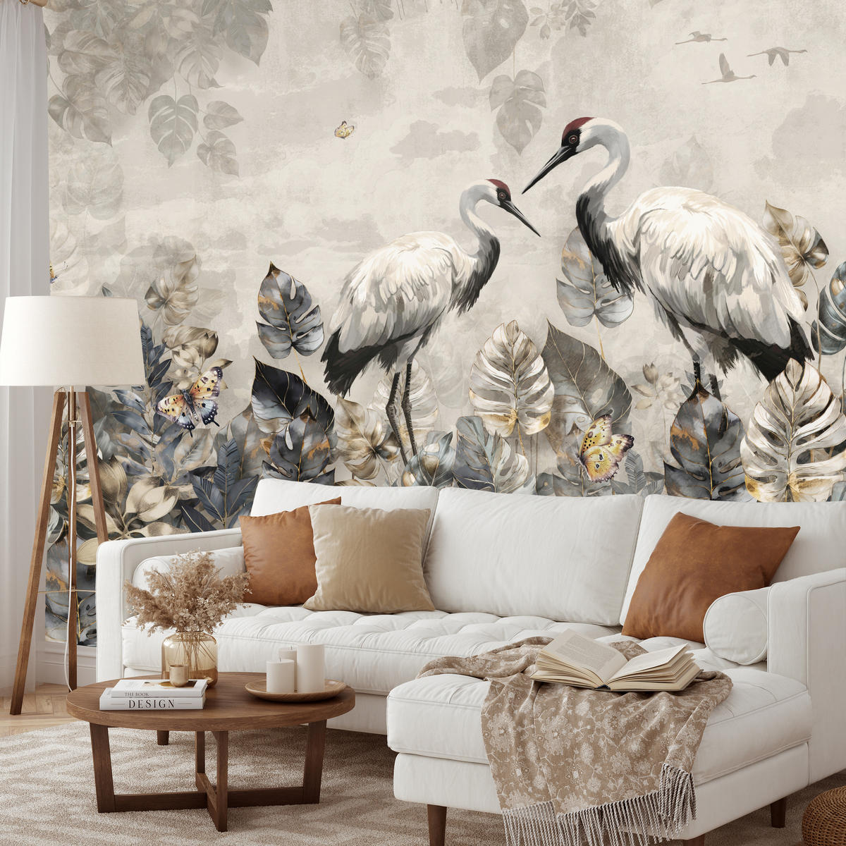 FOTOTAPETE für Wohnzimmer Kraniche Abstrakten Blättern Retro Natur 350x256 - Grau, Papier (350/256cm) - Muralo