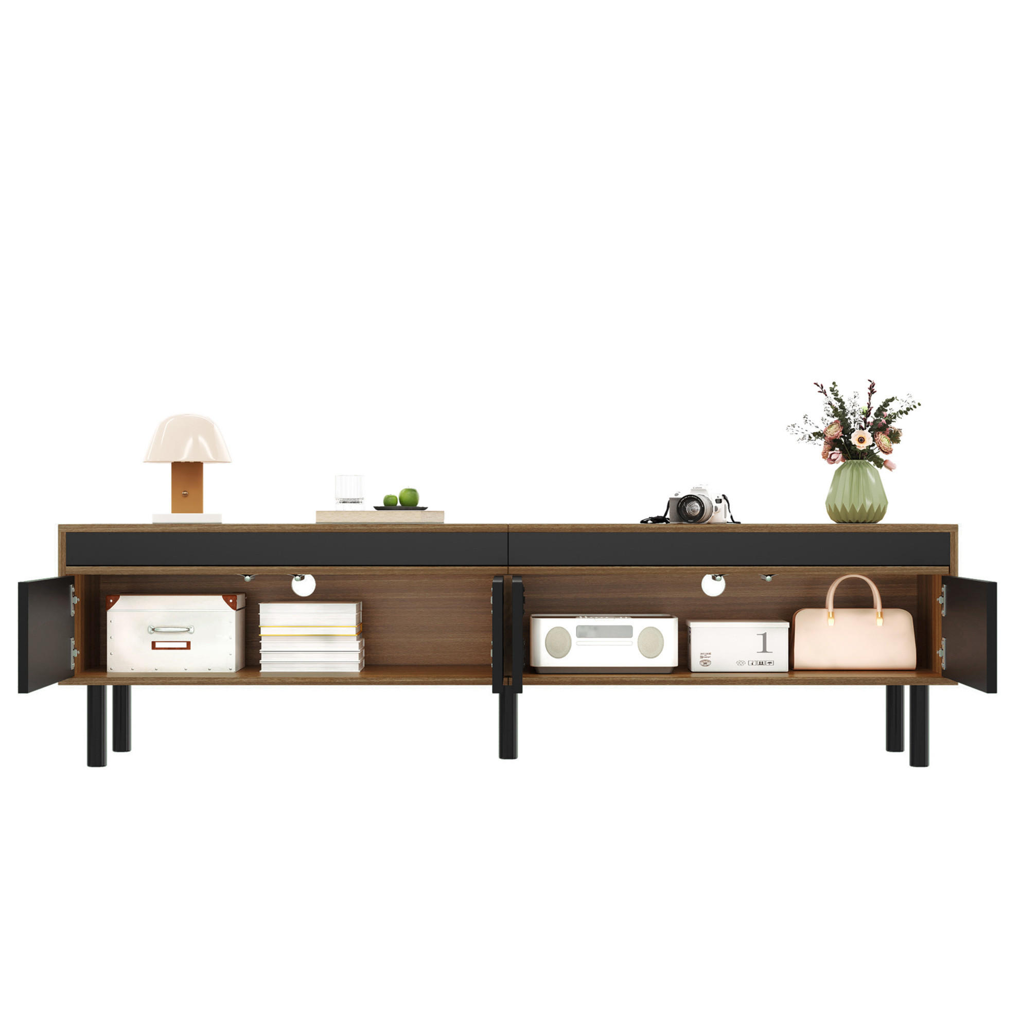 LOWBOARD 170/38/47.7 cm Schwarz/Natur aus Spanplatte mit 4 Türen - Schwarz, Holzwerkstoff (38/47/170cm) - OKMYHOME