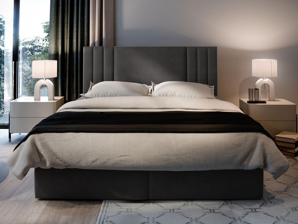 BOXBETT BRES 160x200 cm mit Matratze und Topper - Grau - Grau, Holz (160/200cm) - MASSENO