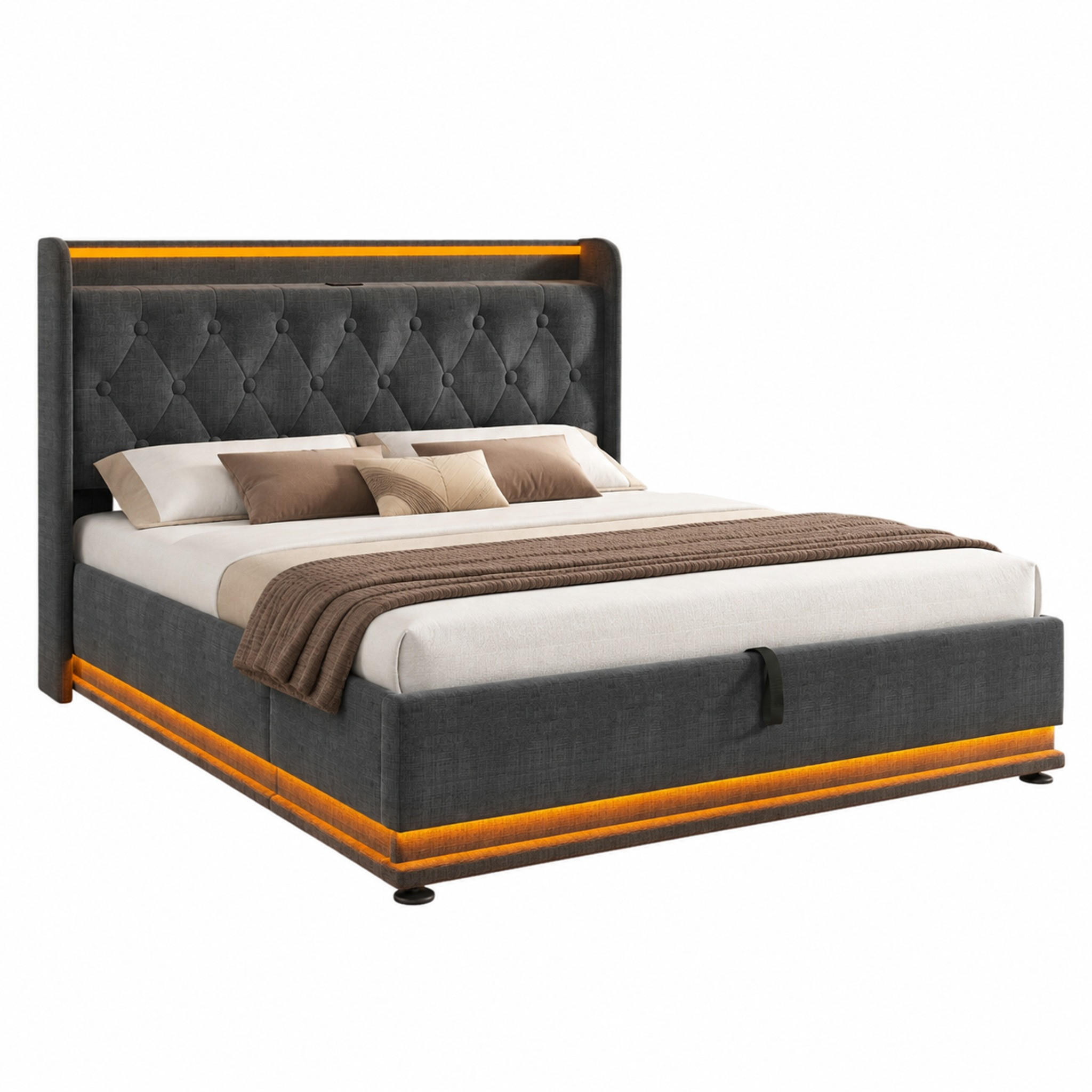 BETT mit LED und Stauraum 140x200 cm Leinen Grey inkl. Matratze - Grau, Metall (140/200cm) - Meubliv