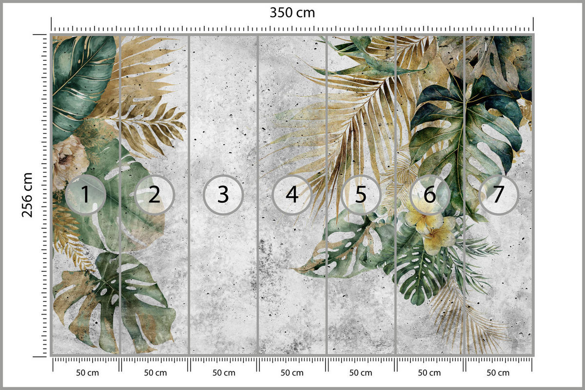 FOTOTAPETE für Wohnzimmer Tropische Blätter Blumen auf Grauer Beton 350x256 - Braun/Grau, Papier (350/256cm) - Muralo