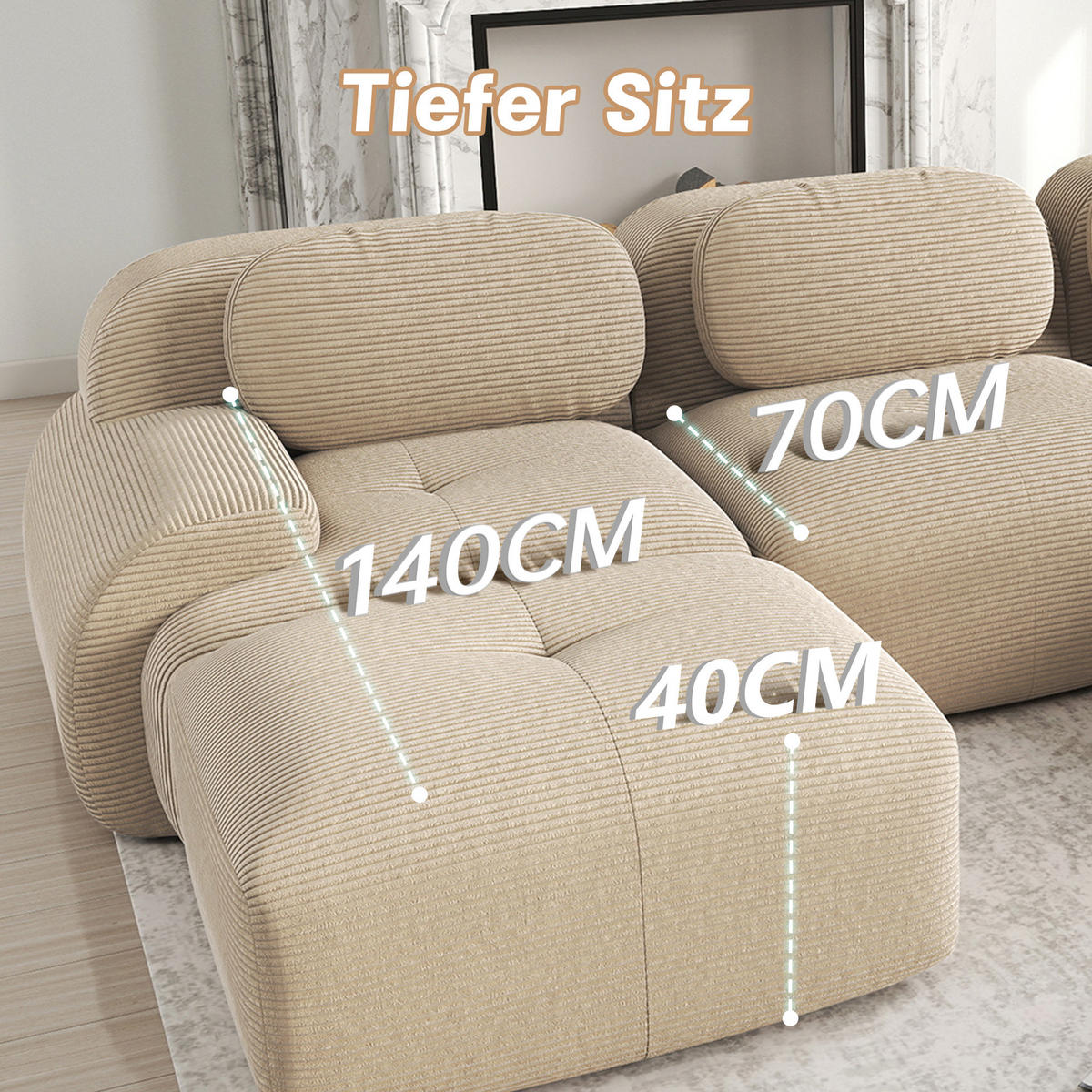 SOFA 208/178/70 cm in Beige aus Cord mit modularer Form und rutschfester Unterseite - Beige, Textil (178/70/208cm) - Flora Grace