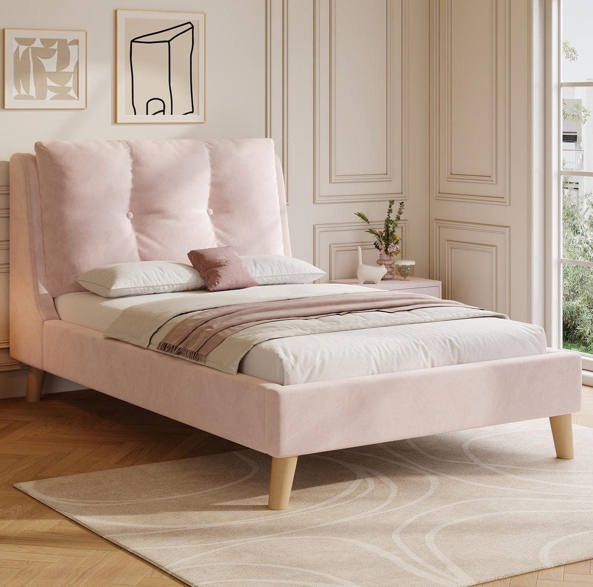 KINDERBETT 90/200 cm rosa aus Samt mit höhenverstellbarem Kopfteil - Rosa, Textil (90/200cm) - OKWISH