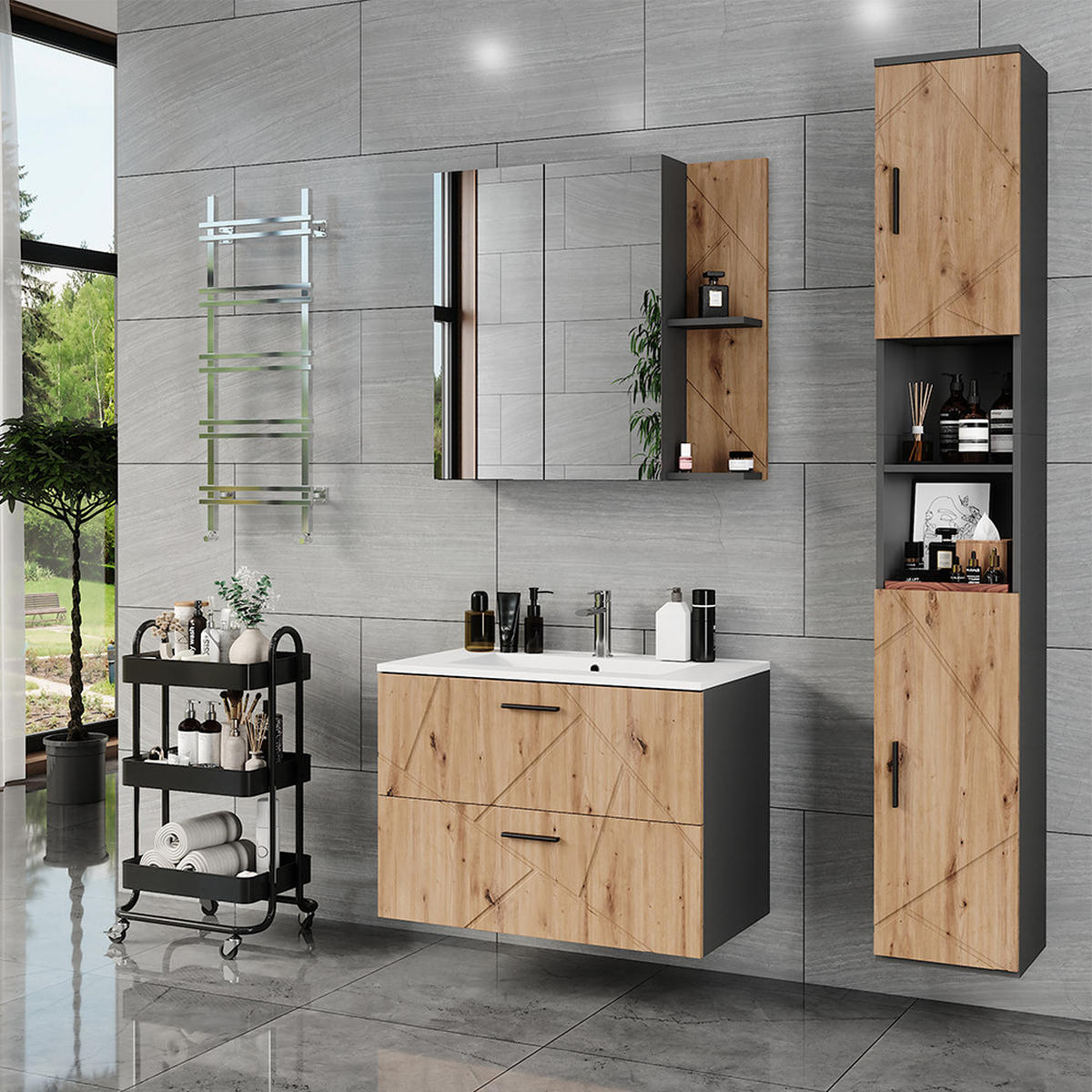 HOCHSCHRANK Irma Anthrazit/Artisan 30 x 190 cm mit 2 Türen - Anthrazit/Eiche Artisan, Holzwerkstoff (30/190/30cm) - Vicco