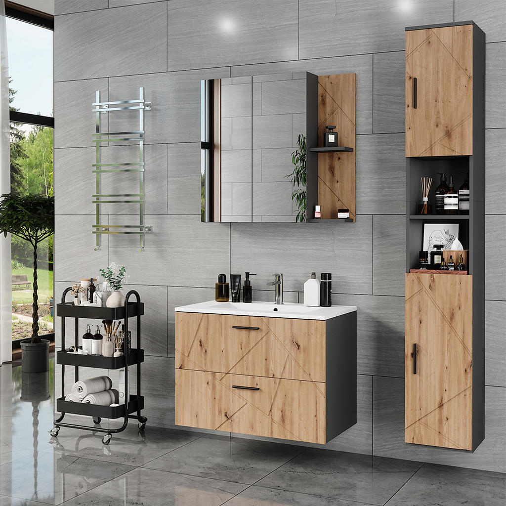 Thumbnail - Vicco Hochschrank, Anthrazit, Eiche Artisan, Holzwerkstoff, 5 Fächer, Rechteckig, 30x190x30 cm, Badezimmer, Badezimmersc...