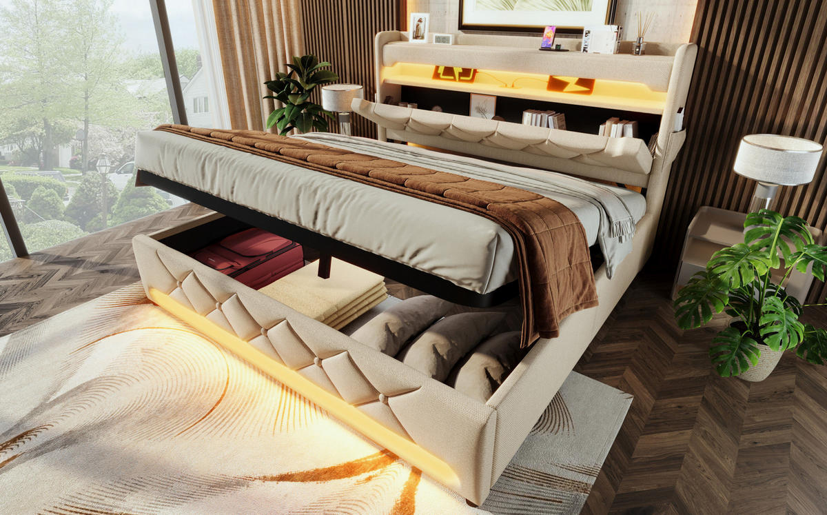 POLSTERBETT 140/200 cm Beige aus Leinen mit Stauraum und LED - Beige, Textil (140/200cm) - OKMYHOME