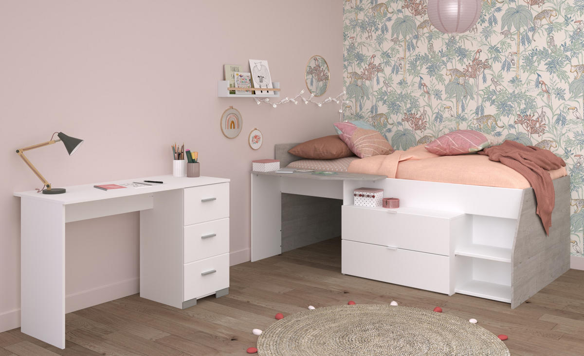 KINDERZIMMER weiß, grau, Set 2-teilig mit Stauraumbett, Schreibtisch - Silberfarben/Weiß, Holzwerkstoff/Kunststoff (135/90/203cm) - Parisot Meuble