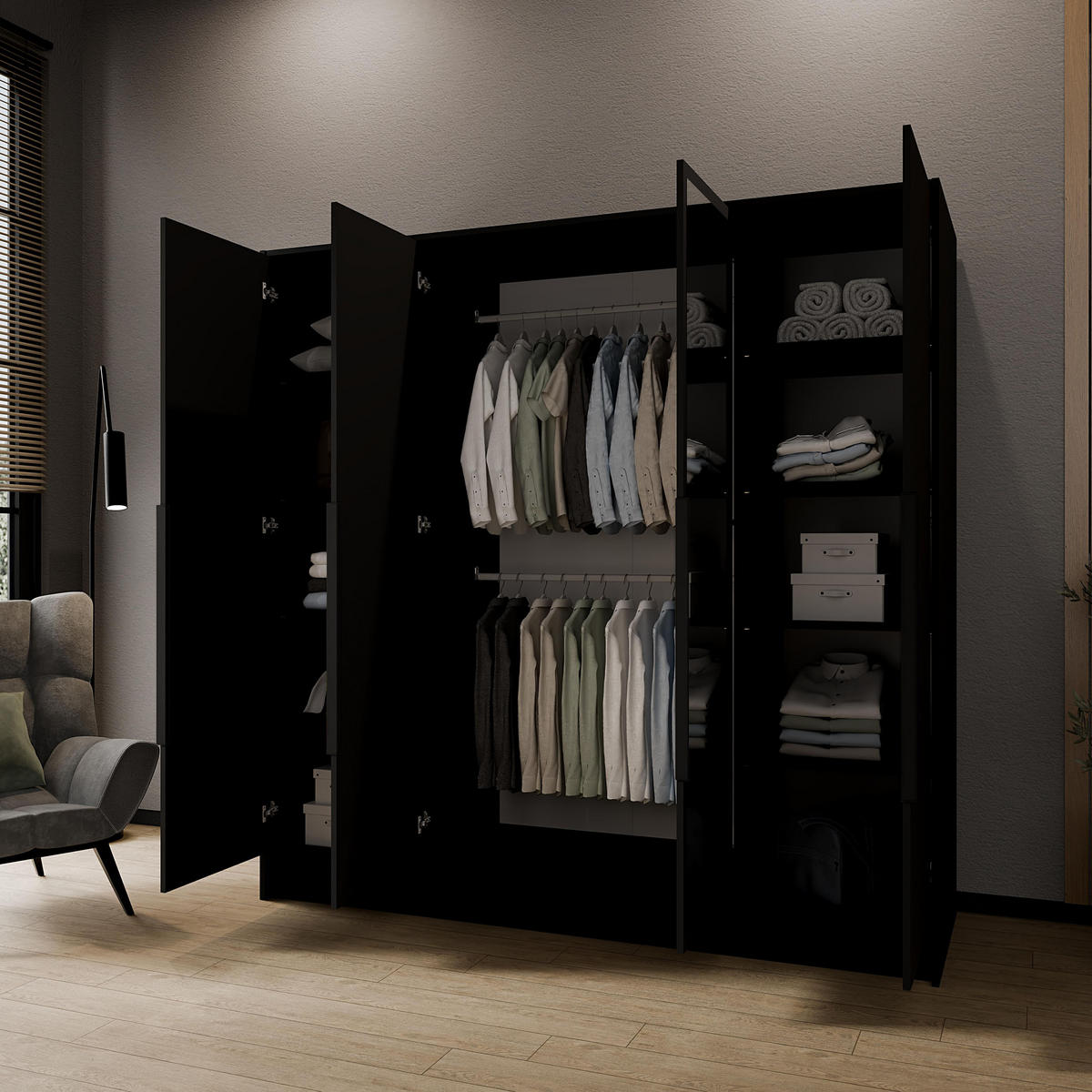 DREHTÜRENSCHRANK Laro mit Spiegel, Schwarz mit mit schwarzen Griffen, 200 cm - Schwarz, Holzwerkstoff (200/200/51cm) - Beautysofa