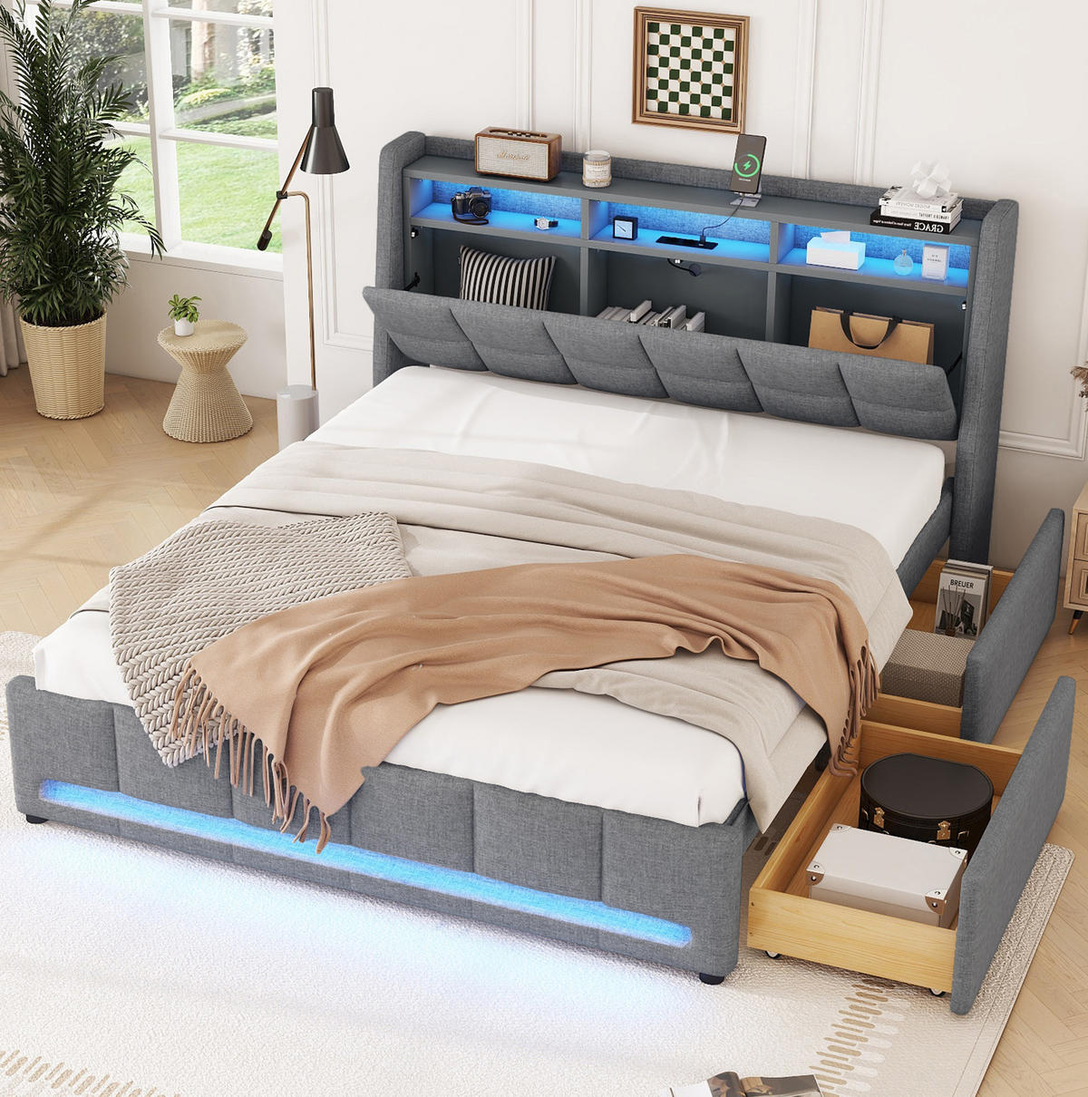 POLSTERBETT mit LED, USB und 2 Schubladen 140x200 cm Leinen Grau - Grau, Holz (140/200cm) - Meubliv
