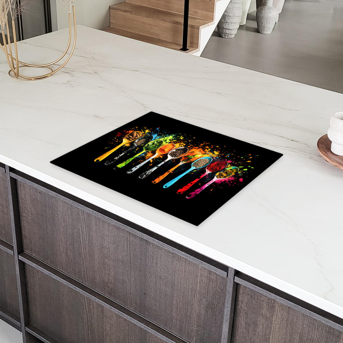 HERDABDECKPLATTE Löffel - Gewürze - Modern - Graffiti - Farbe - Farbenfroh 65x52 cm - Multicolor, Kunststoff (65/52/0.2cm) - MuchoWow