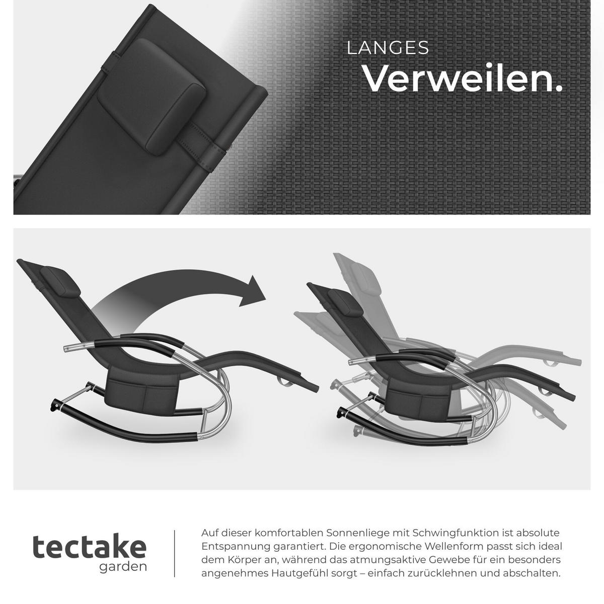 GARTENLIEGE Taya, abnehmbares Kopfpolster, seitliche Aufbewahrungstasche, schwarz - Schwarz, Kunststoff (62/92/142cm) - tectake