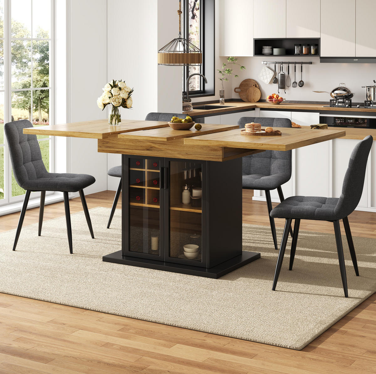 ESSTISCH 110-140/80/76 cm in Schwarz aus MDF mit Weinregal und Glastür - Schwarz, Holzwerkstoff (110/80/76cm) - Flora Grace