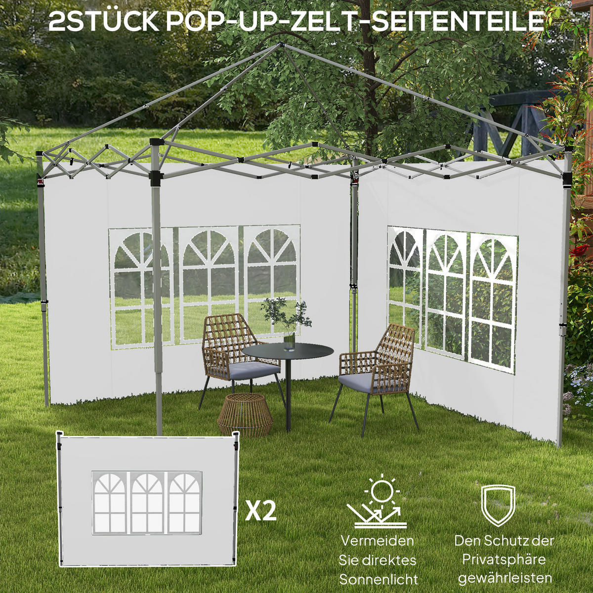 2ER-SET Seitenteile für Pavillon 3x3/3x4 m, Seitenwand mit Fenster, wasserdicht - Weiß, Textil (295/195/1cm) - Outsunny