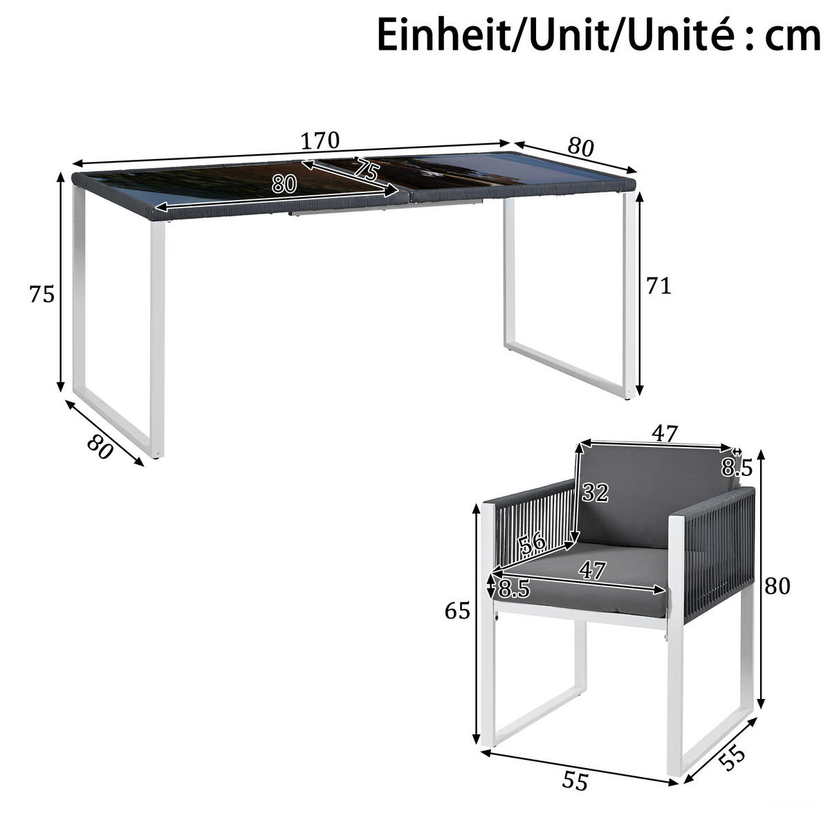 GARTENSET aus Eisen 170x80x75 cm Grau/Weiß mit 6 Stühlen, Glasplatte, verstellbaren Füßen und waschbaren Bezügen - Grau, Metall - Modfu