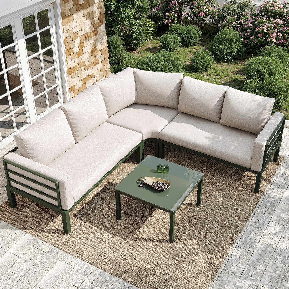 GARTENSET 4-5 Sitzer Beige Mit Verstellbaren Füßen & Glastisch - Beige, Metall - FLIEKS