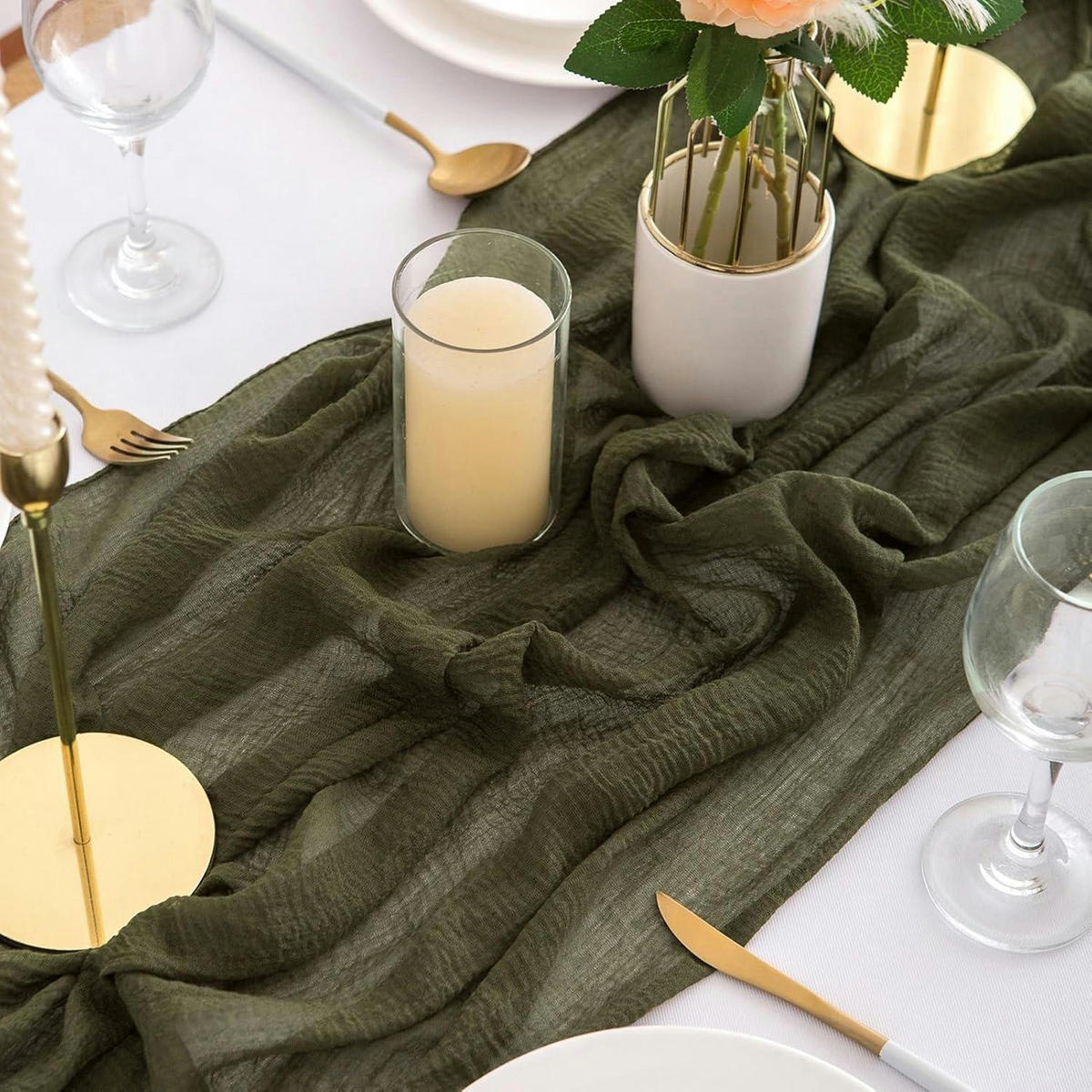 TISCHLÄUFER Musselin Olivgrün 80 x 400 cm - Olivgrün, Textil (400/80/1.5cm)