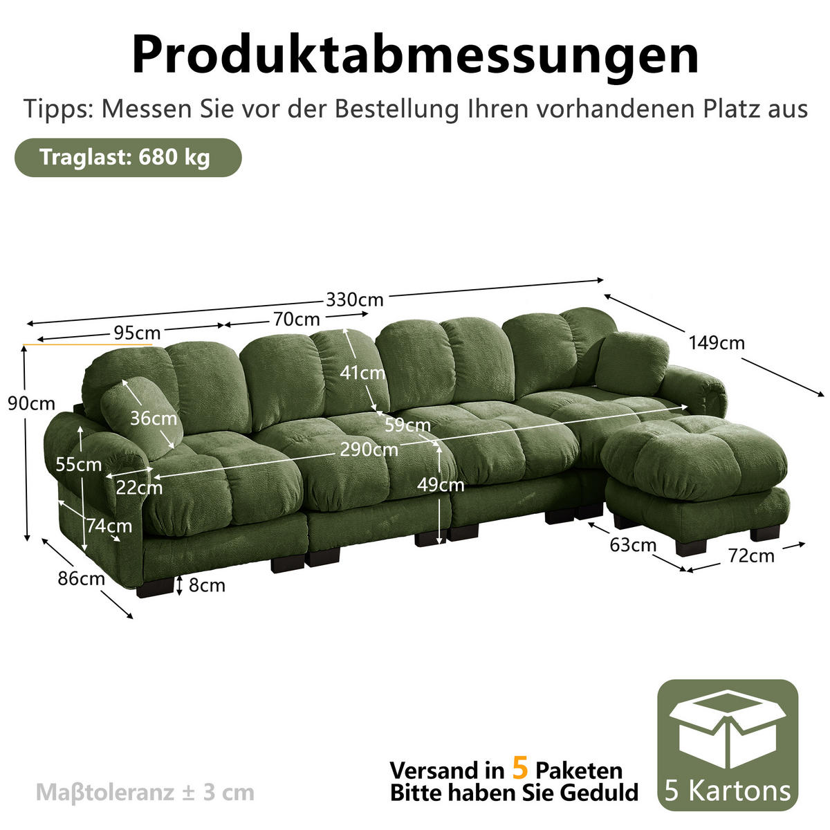 ECKSOFA 330/149/90 cm Grün Cord mit mobiler Ottomane und 2 kleinen Dekokissen - Grün, Textil (330/149cm) - Oxeza