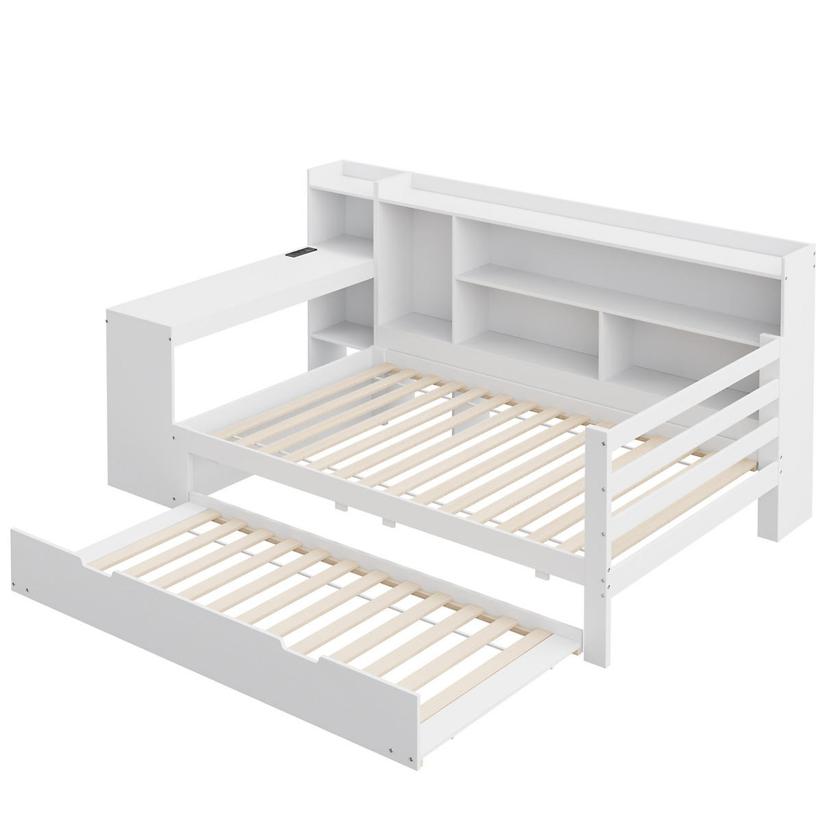 MULTIFUNKTIONSBETT 90x200 cm in Weiß mit Ausziehbett, Schreibtisch und Steckdose - Weiß, Holzwerkstoff (90/200cm) - IVMEU