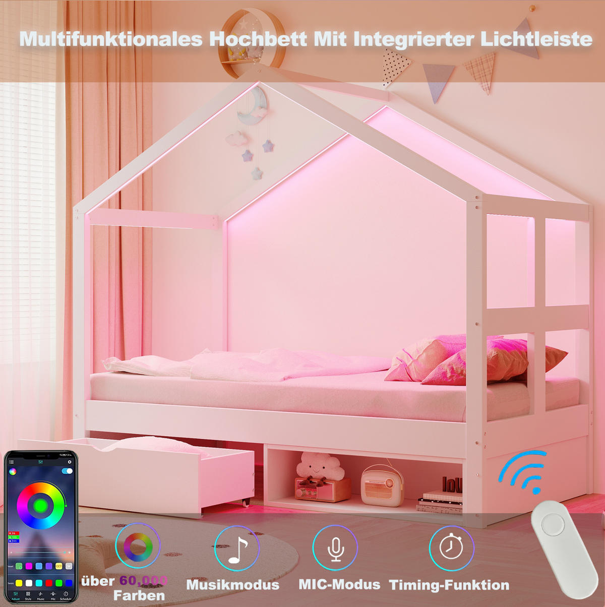 JUGENDBETT 90/180 cm weiß aus Holz mit LED, Schublade und Schuhschrank - Weiß, Holzwerkstoff (90/190cm) - OKWISH