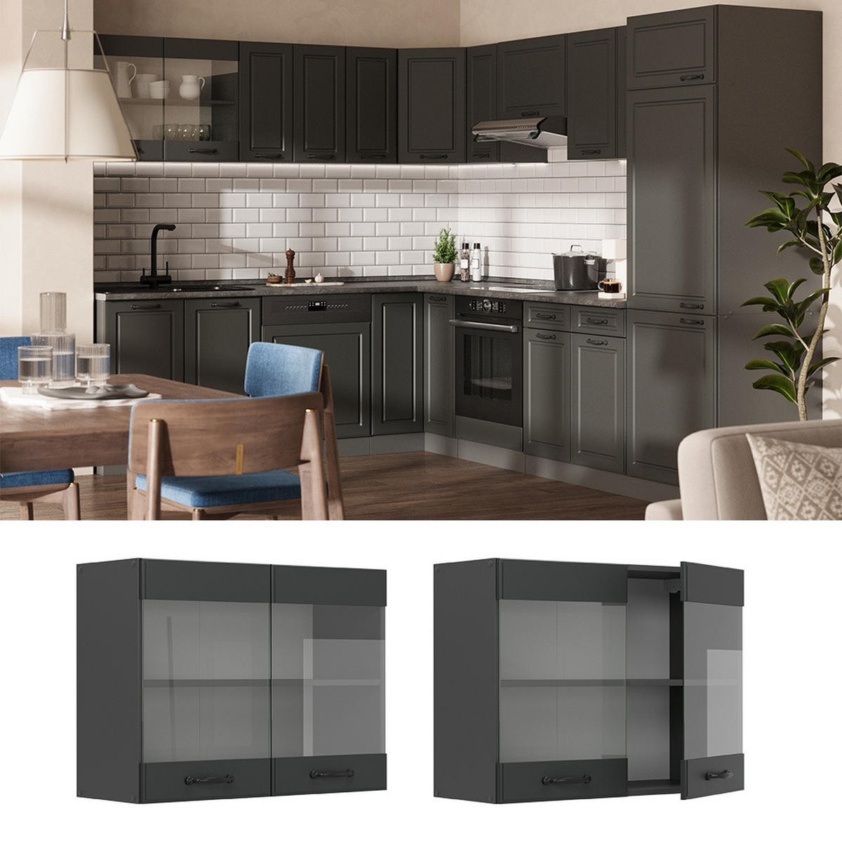 KÜCHENGLASSCHRANK R-Line Anthrazit Landhaus 80 cm - Anthrazit, Holzwerkstoff (80/60/31cm) - Vicco