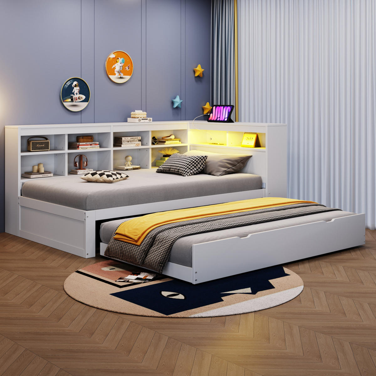 BETT 90x200 cm Weiß mit Ausziehbett, USB-Steckdose, LED-Beleuchtung und Stauraum - Weiß, Holzwerkstoff (90/200cm) - Modfu
