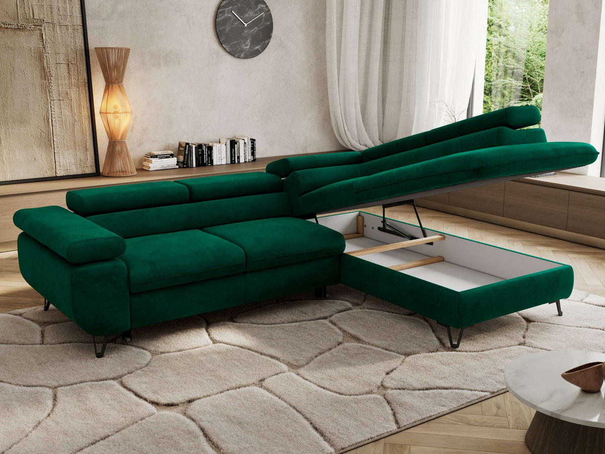 ECKSOFA PABLO L Dunkelgrün Velvet - Rechts Seite mit T25 Topper - Dunkelgrün/Schwarz, Textil/Metall (273/208cm) - MKS