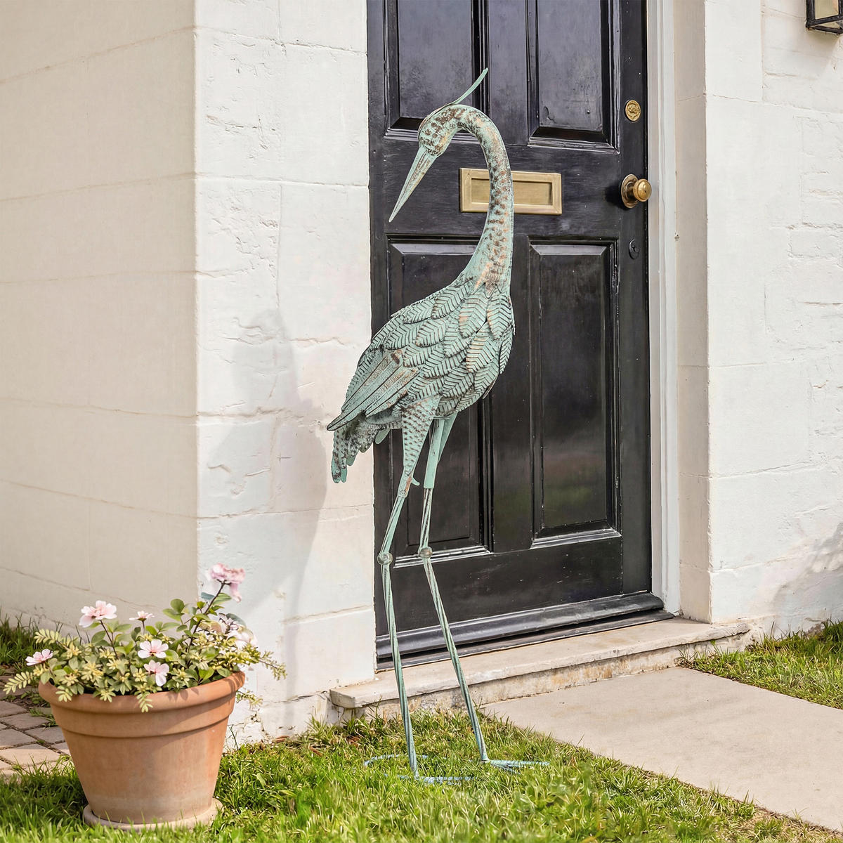 GARTENSTATUE Reiher aus Metall Grün Bronze - Grün, Metall (20/88/27cm) - Outsunny