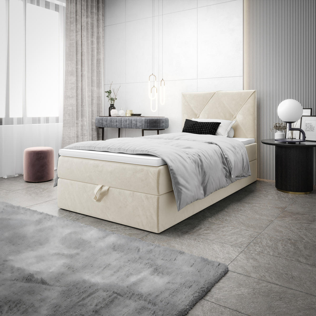 BOXBETT ALTEA 90x200 Monolith 02, mit Matratze H3, Bonell und Topper, Creme - Creme, Holz/Kunststoff (90/200cm) - Bedante