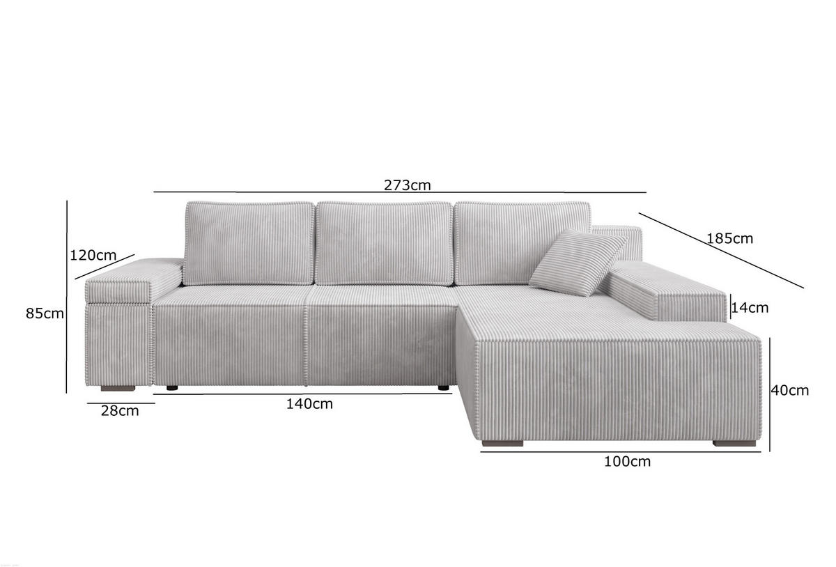 ECKSOFA Milo mit Schlaffunktion und Bettkasten, Couch L-Form, Cord-Stoff, 273x85x185 cm, Grau - Grau, Holz (273/185cm) - PROMETO Möbel