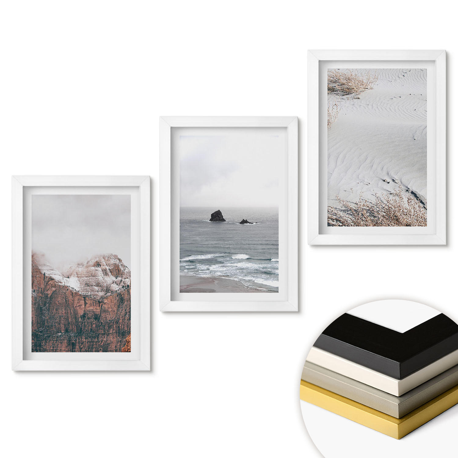 WANDBILDER 3er-Set - 20x30 cm Weißer Rahmen - Berge, Wolken, Meer, Sand, Natur - Weiß, Kunststoff (20/30cm) - ArtPrintCave