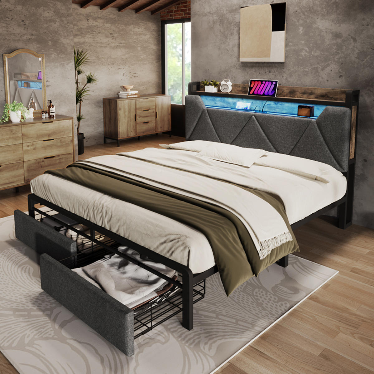 POLSTERBETT aus Leinen 160x200 cm Grau mit LED-Beleuchtung, USB-Anschlüssen und Stauraum - Grau, Textil (160/200cm) - IVMEU