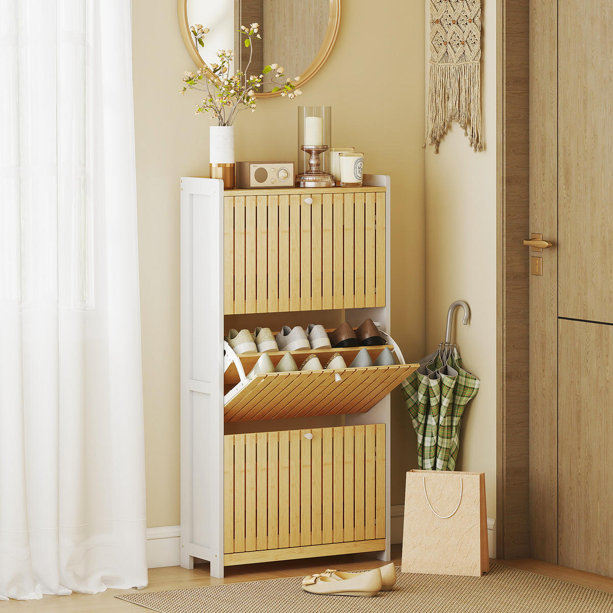 SCHUHSCHRANK Weiß und Natur MDF und Bambus klappbar mit 3 Fächern 1 Stück - Multicolor, Holz (60/118/24cm) - PANGIVO