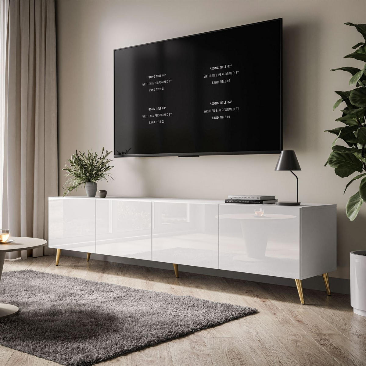 TV-ELEMENT AURA 200 Weiß Hochglanz – Beinfarbe: Gold - Weiß, Holzwerkstoff (200/49/40cm) - Lookway