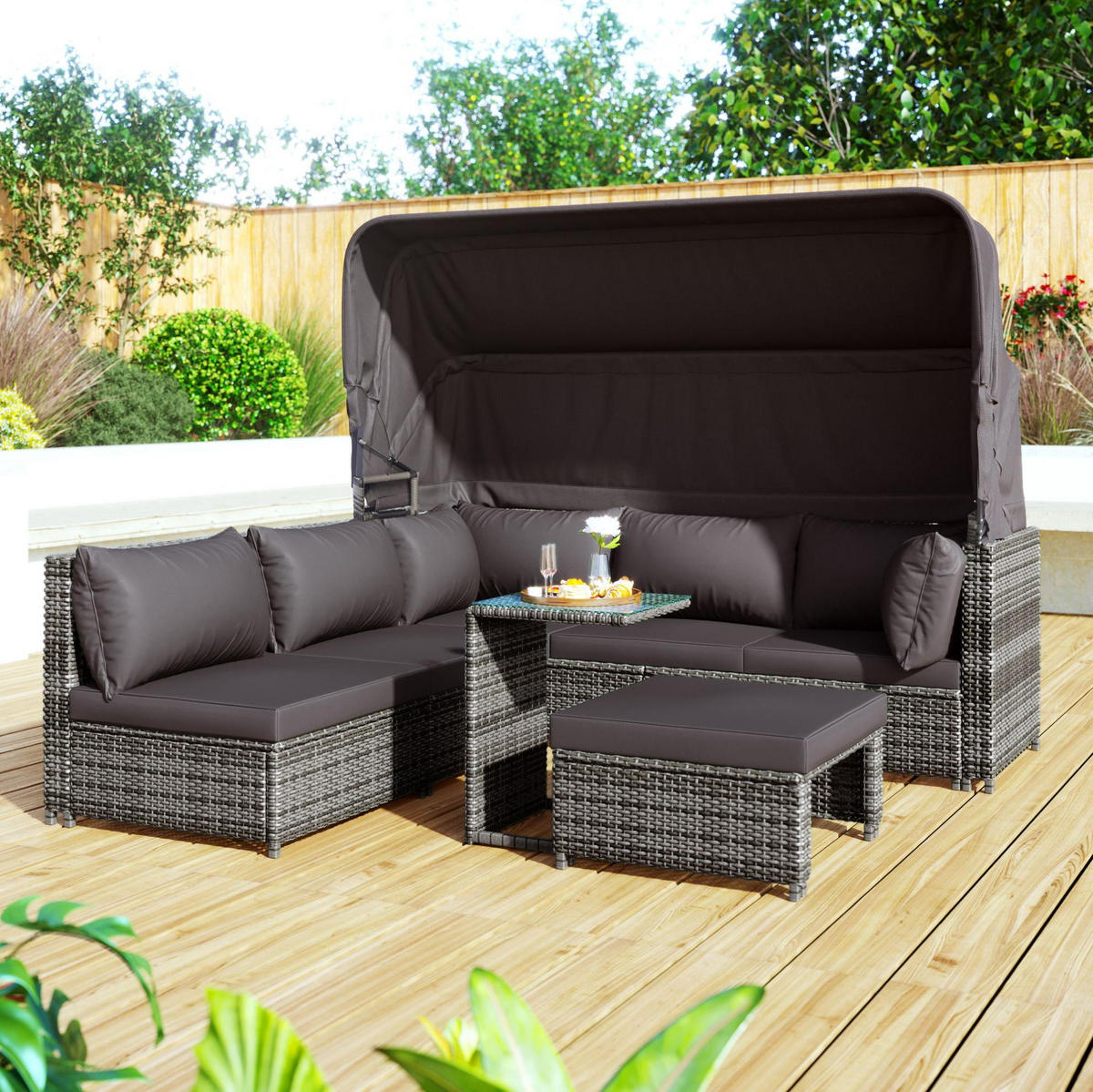 GARTENLOUNGE-SET 194/70/157 cm mit versenkbarem Sonnendach, modularen Elementen und Beistelltisch aus Polyrattan, Grau - Grau, Kunststoff - Redom