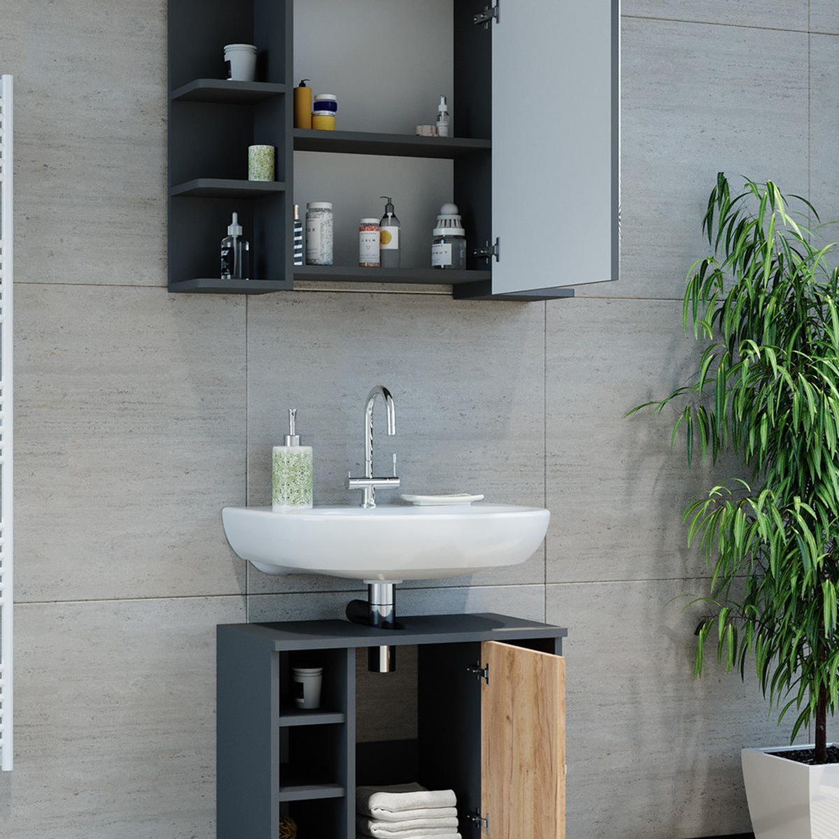 KOUPELNOVÝ NÁBYTEK Fynn Antracit/zlatý dub - medově dubová/antracitová, kompozitní dřevo (60/54/32cm) - Vicco