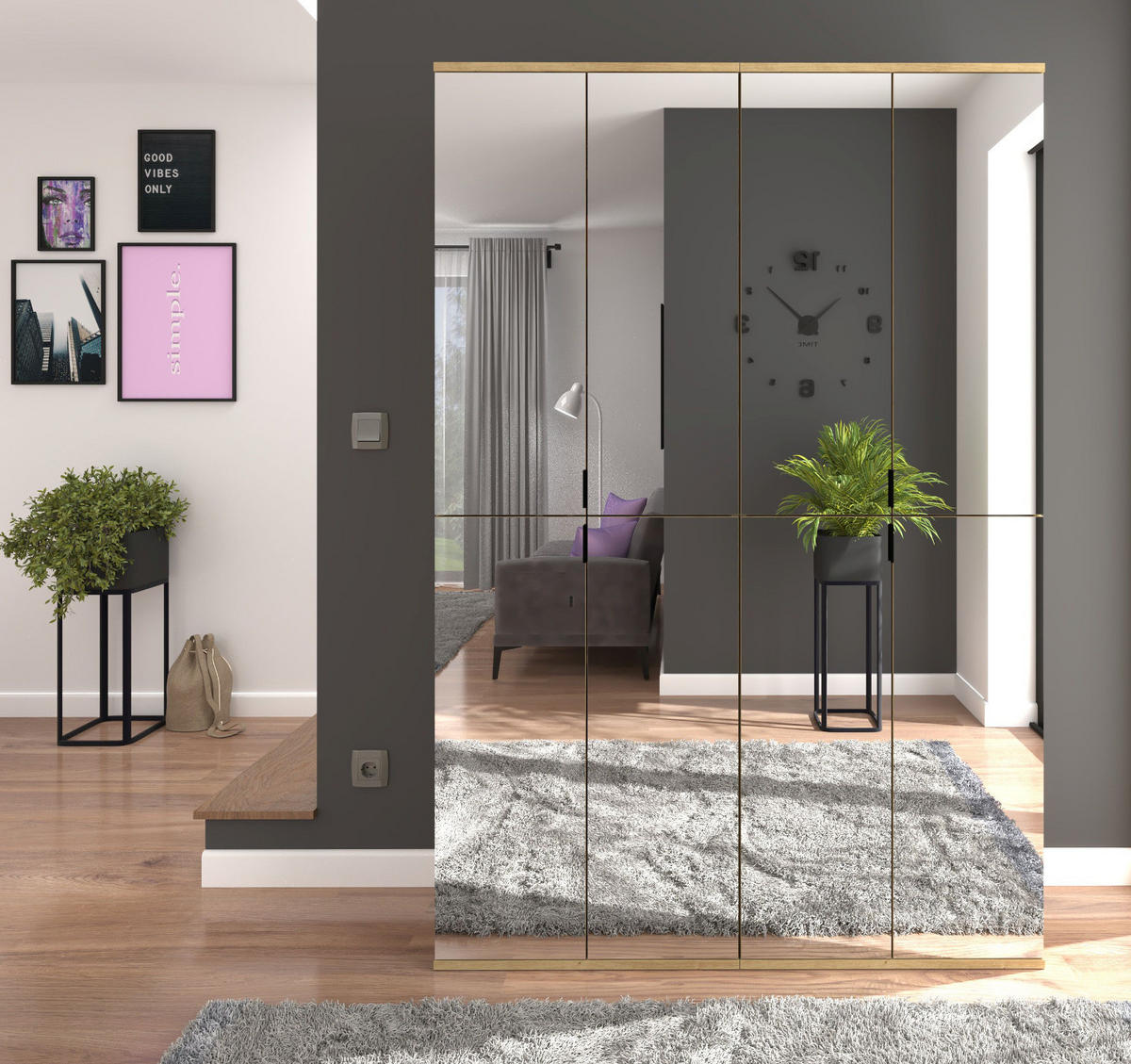 GARDEROBENSCHRANK Eiche Artisan 122 cm, Flurschrank mit Spiegel - Chromfarben/Schwarz, Glas/Holzwerkstoff (122/193/34cm) - Inn.Furn